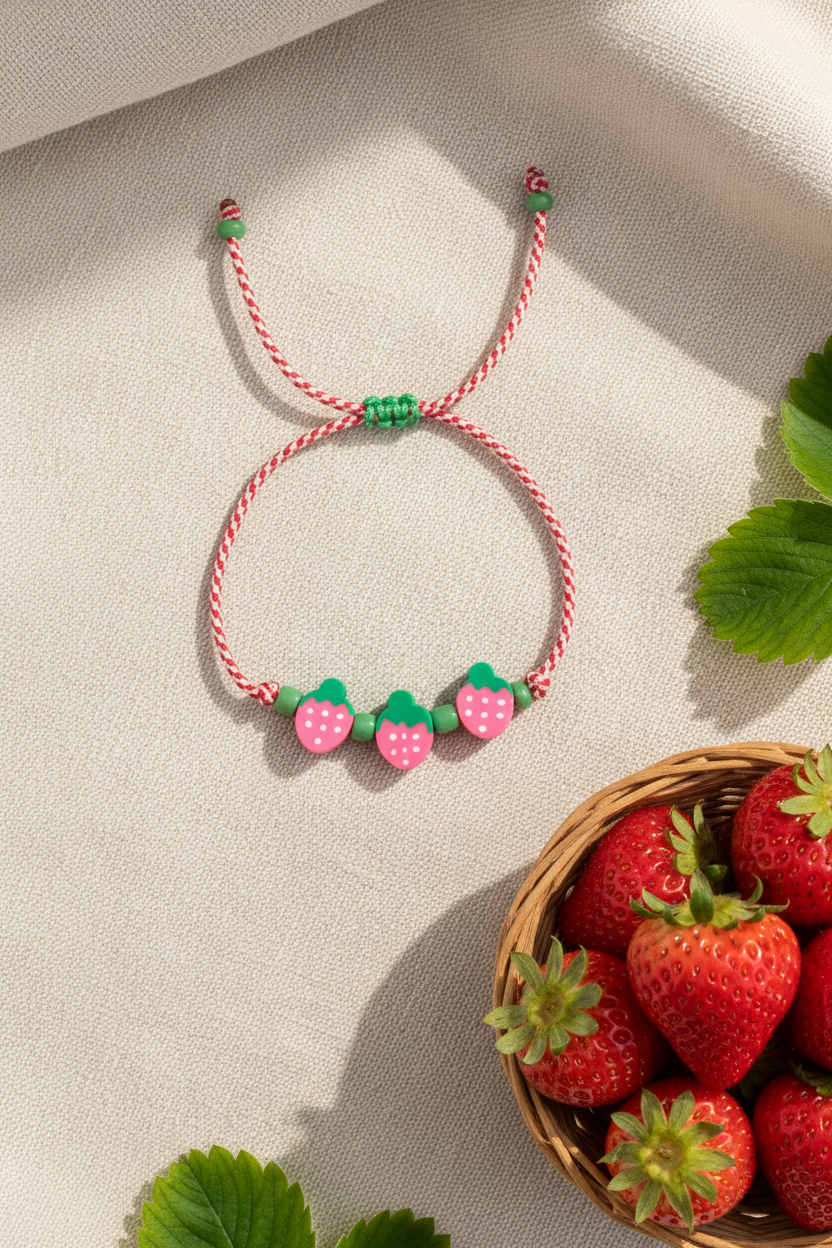 Παιδικό χειροποίητο μαρτάκι Strawberry Smile με κόκκινο-λευκό κορδόνι, γυάλινες χάντρες και τρεις χάντρες φράουλα από φίμο, So Cute by  Dimi