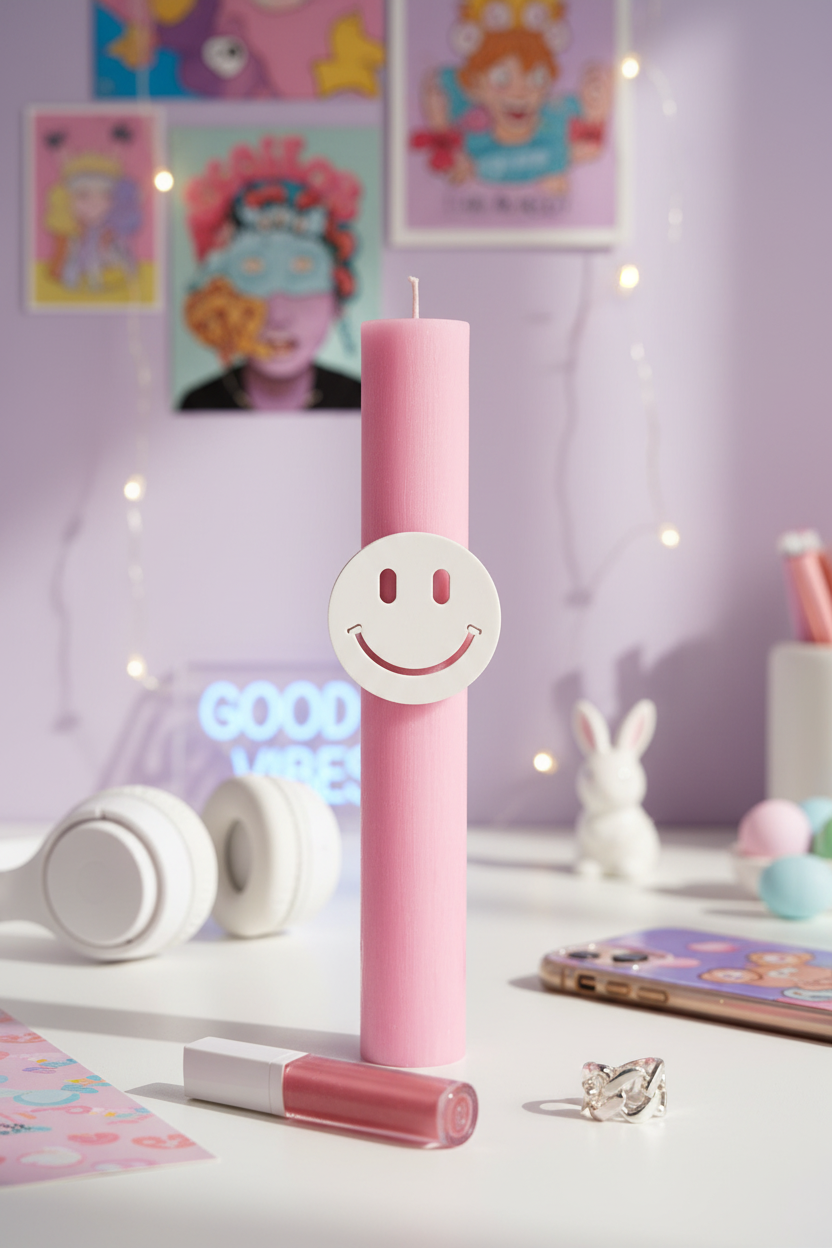 Αρωματική baby pink λαμπάδα 30εκ με πλεξιγκλάς smiley cutout για έφηβα κορίτσια