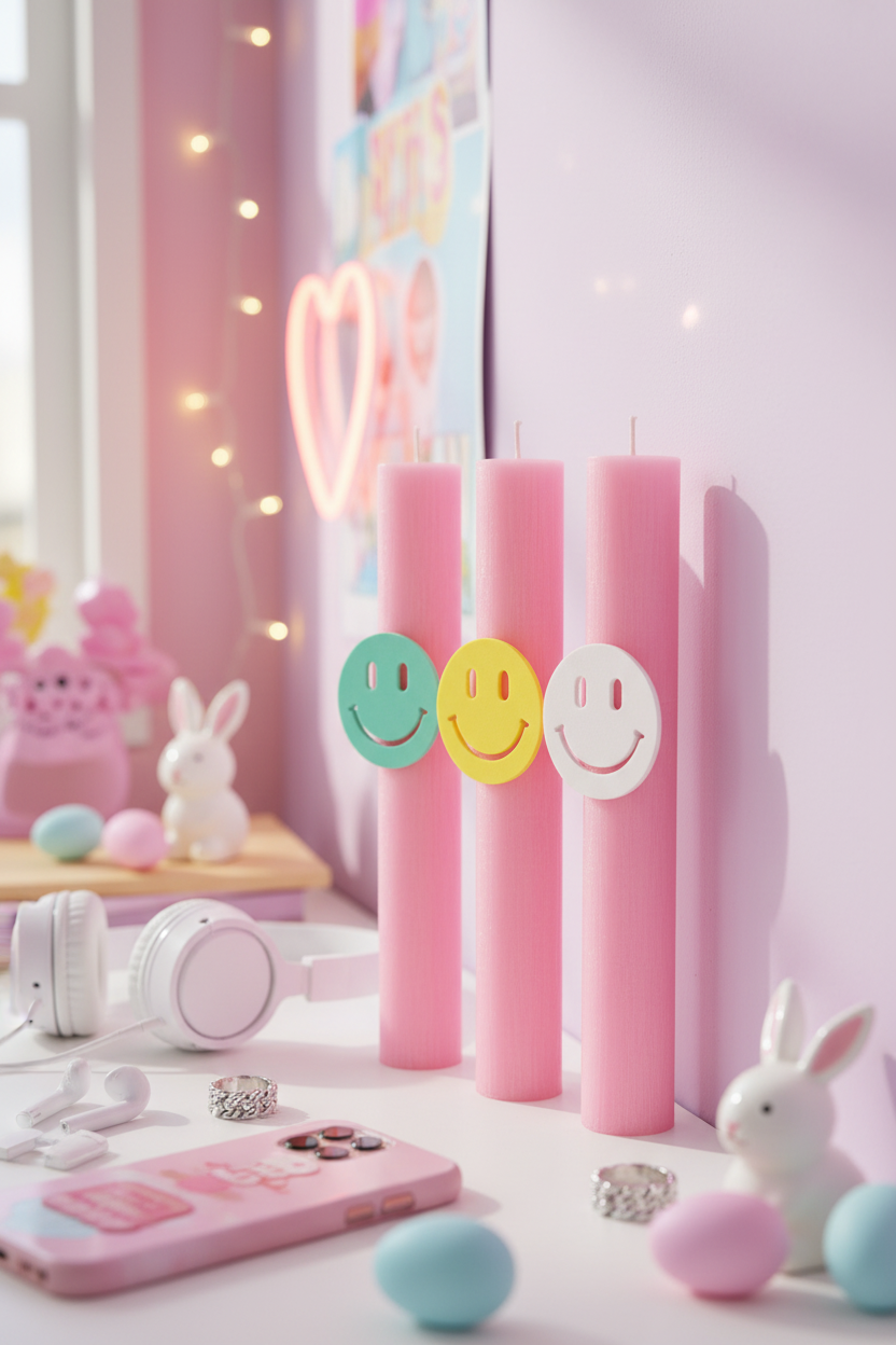 Αρωματική baby pink λαμπάδα 30εκ με πλεξιγκλάς smiley cutout για έφηβα κορίτσια