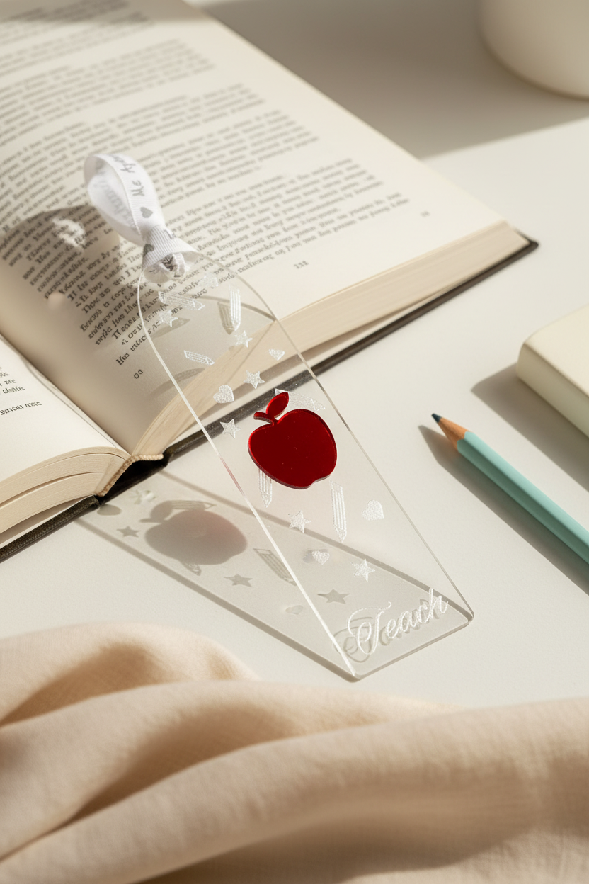Clear bookmark with red apple design on an open book