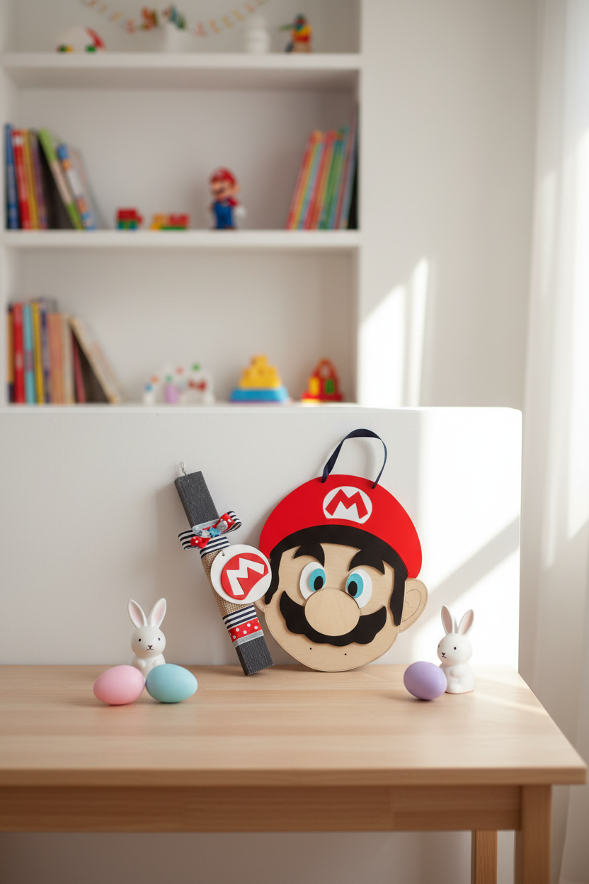 Χειροποίητη πασχαλινή λαμπάδα Super Mario με μπρελόκ από πλεξιγκλάς και κρεμαστό κάδρο από ξύλο και πλεξιγκλάς. So Cute by DImi