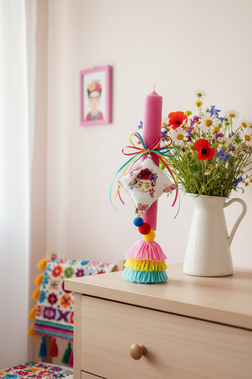 Χειροποίητη πασχαλινή λαμπάδα Φρίντα 30εκ με μαξιλαράκι, πον πον και πολύχρωμες φούντες So Cute by Dimi