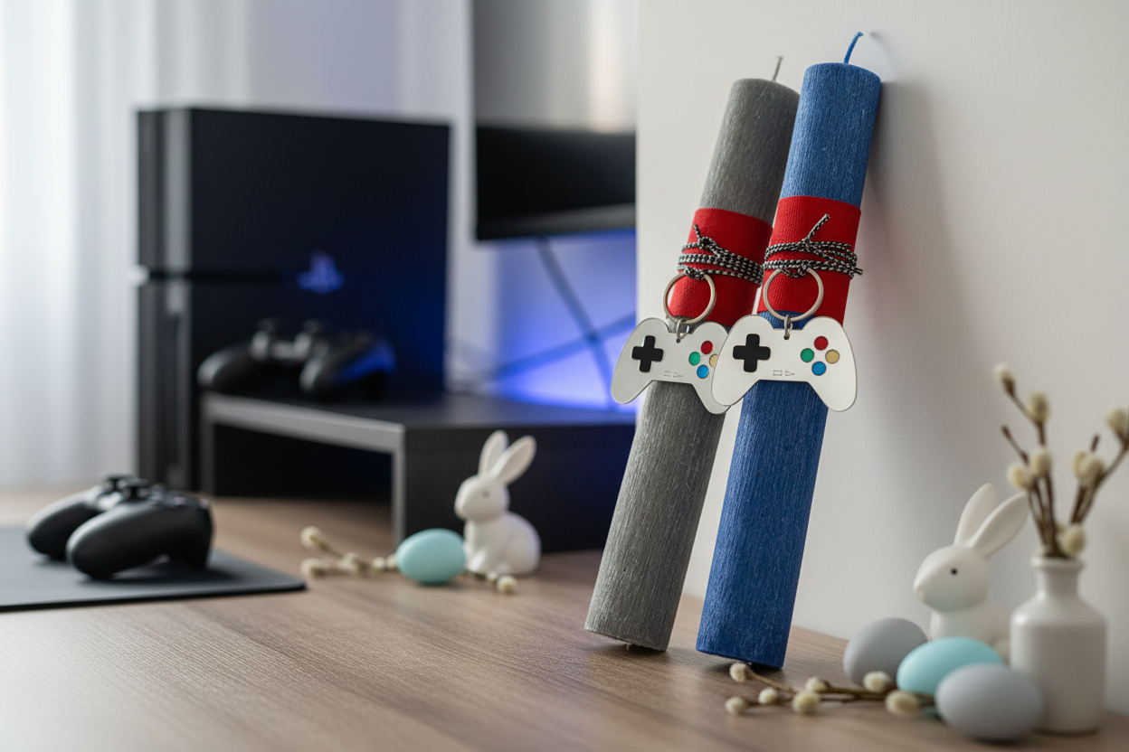 Χειροποίητη πασχαλινή λαμπάδα gaming με μπρελόκ χειριστήριο PlayStation από plexiglass So Cute by Dimi