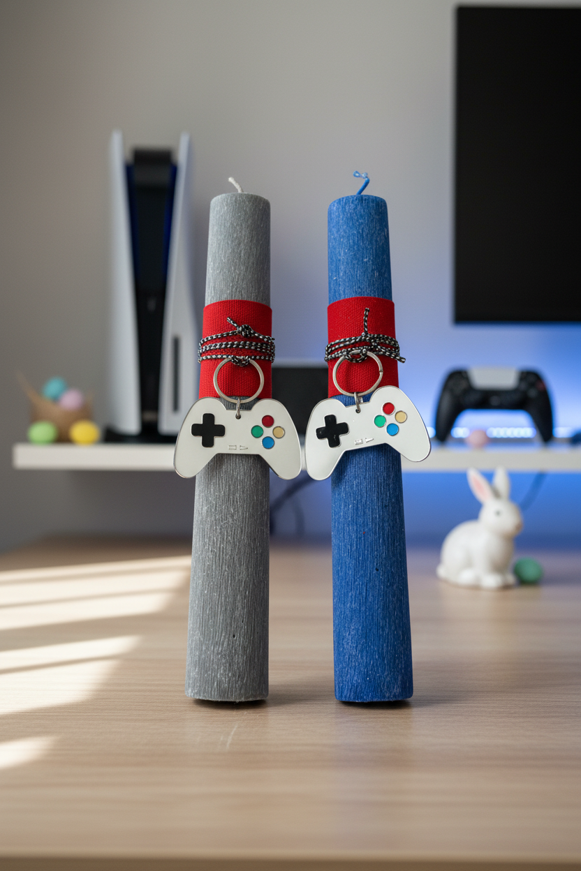 Χειροποίητη πασχαλινή λαμπάδα gaming με μπρελόκ χειριστήριο PlayStation από plexiglass So Cute by Dimi