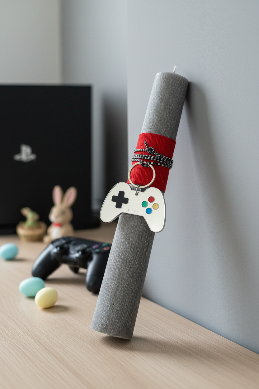 Χειροποίητη πασχαλινή λαμπάδα gaming με μπρελόκ χειριστήριο PlayStation από plexiglass So Cute by Dimi