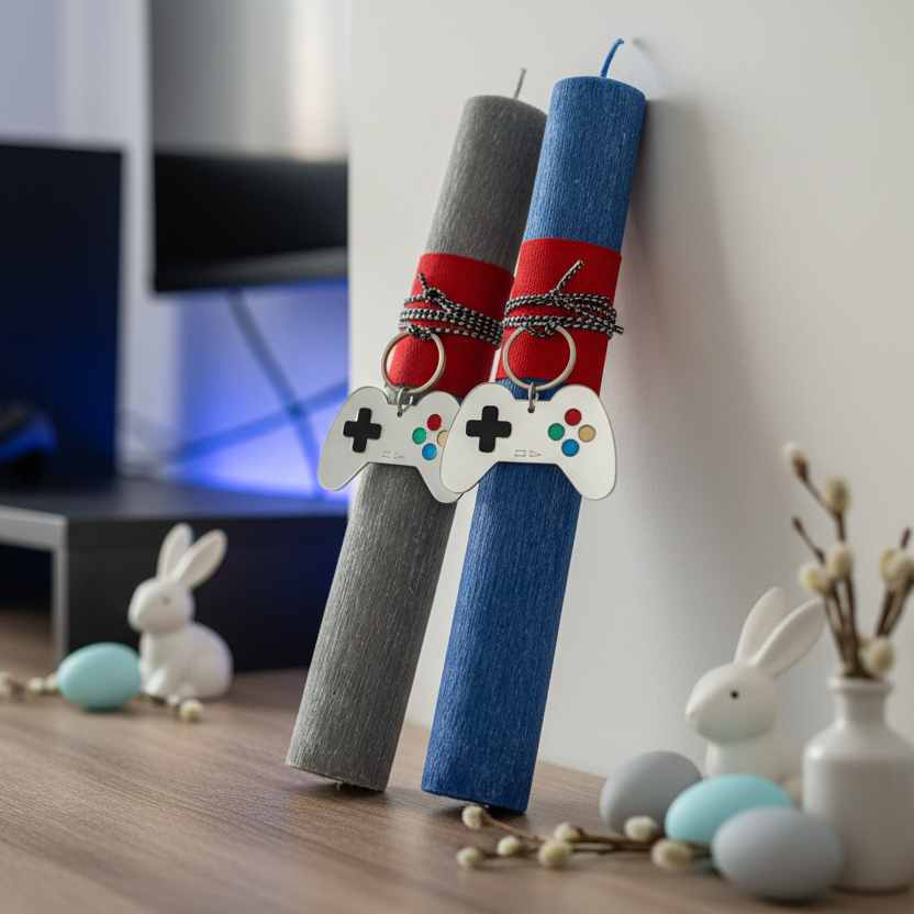 Χειροποίητη πασχαλινή λαμπάδα gaming με μπρελόκ χειριστήριο PlayStation από plexiglass So Cute by Dimi