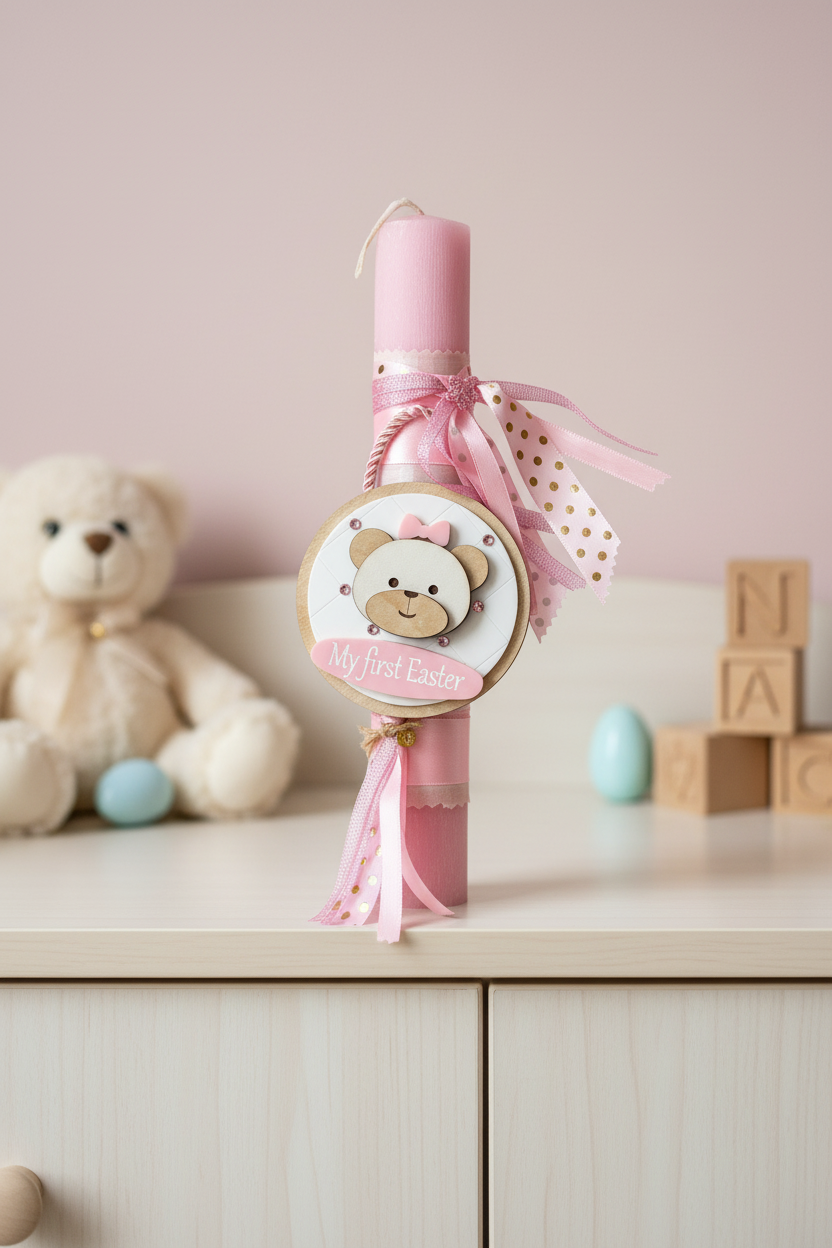 Χειροποίητη πασχαλινή λαμπάδα My First Easter με ξύλινο αρκουδάκι So Cute by Dimi