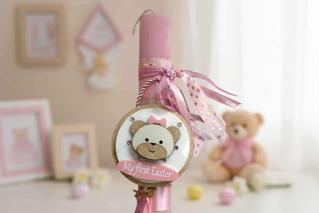 Χειροποίητη πασχαλινή λαμπάδα My First Easter με ξύλινο αρκουδάκι So Cute by Dimi