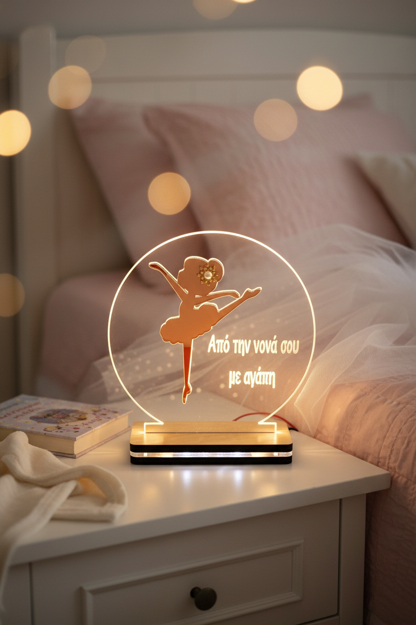 Decorative night light with a ballerina design on a bedside table.