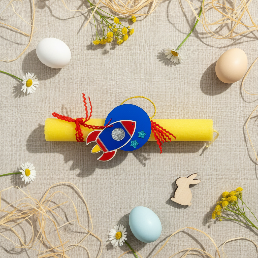 Χειροποίητη πασχαλινή λαμπάδα Rocket Dream με διαστημόπλοιο από πλεξιγκλάς καθρέφτη, κωδικός 4-506-0505 – So Cute by Dimi