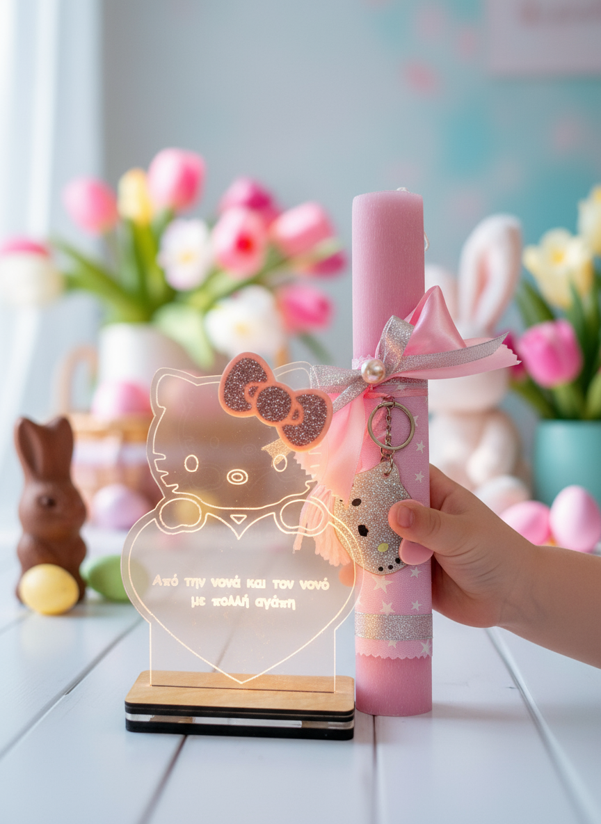 Λαμπάδα Hello Kitty με φιόγκο και προαιρετικό φωτιστικό LED με προσωποποίηση – So Cute by Dimi