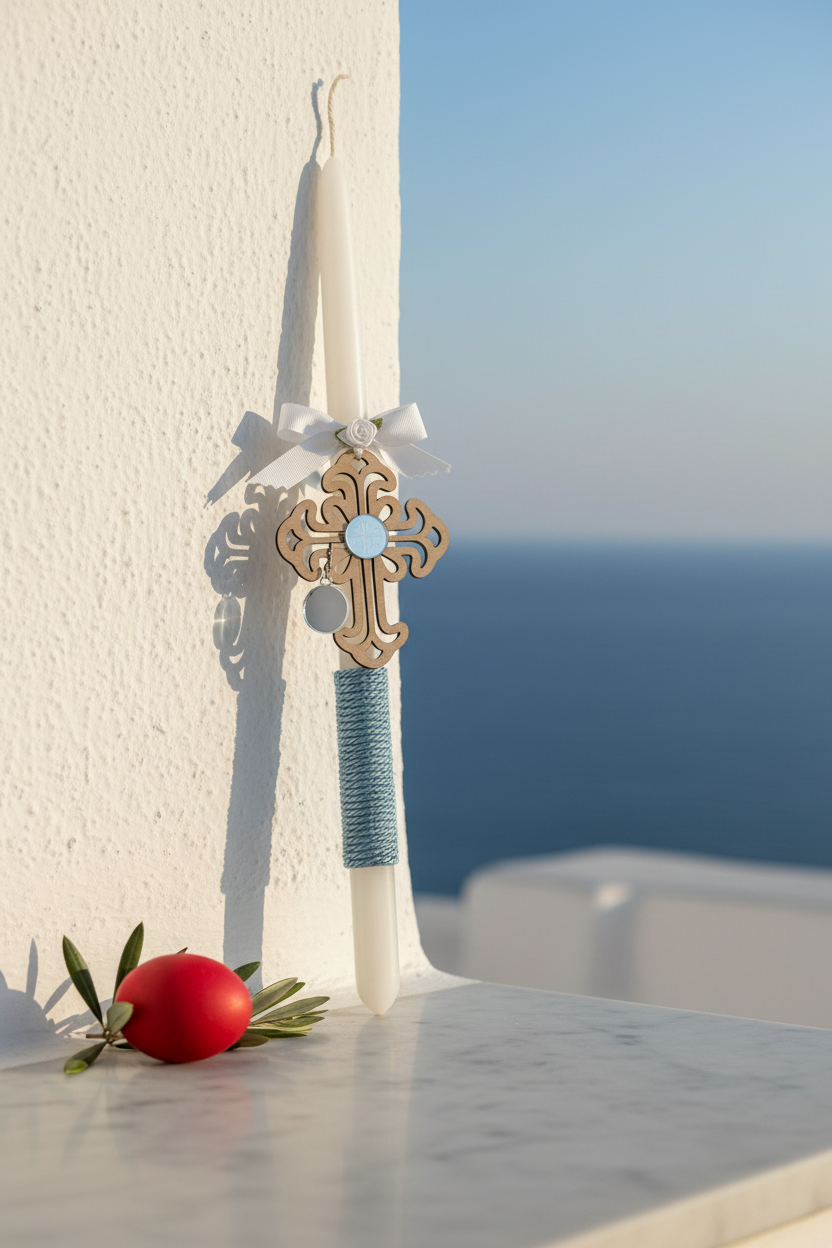 Χειροποίητη πασχαλινή λαμπάδα με ξύλινο σταυρό και κωνσταντινάτο από plexiglass καθρέφτη So Cute by Dimi