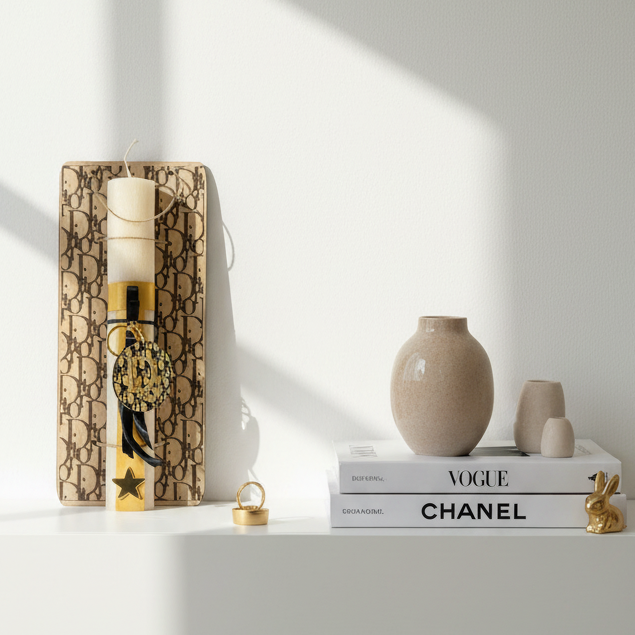 Luxury inspired πασχαλινή λαμπάδα με ξύλινο μπρελόκ και διακοσμητική πλάτη – So Cute by Dimi