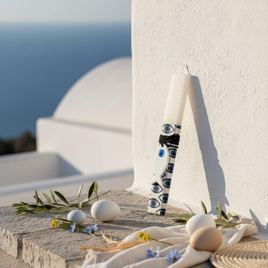 Χειροποίητη πασχαλινή λαμπάδα με ύφασμα pattern μάτια και πλεξιγκλάς ψαράκι – So Cute by Dimi