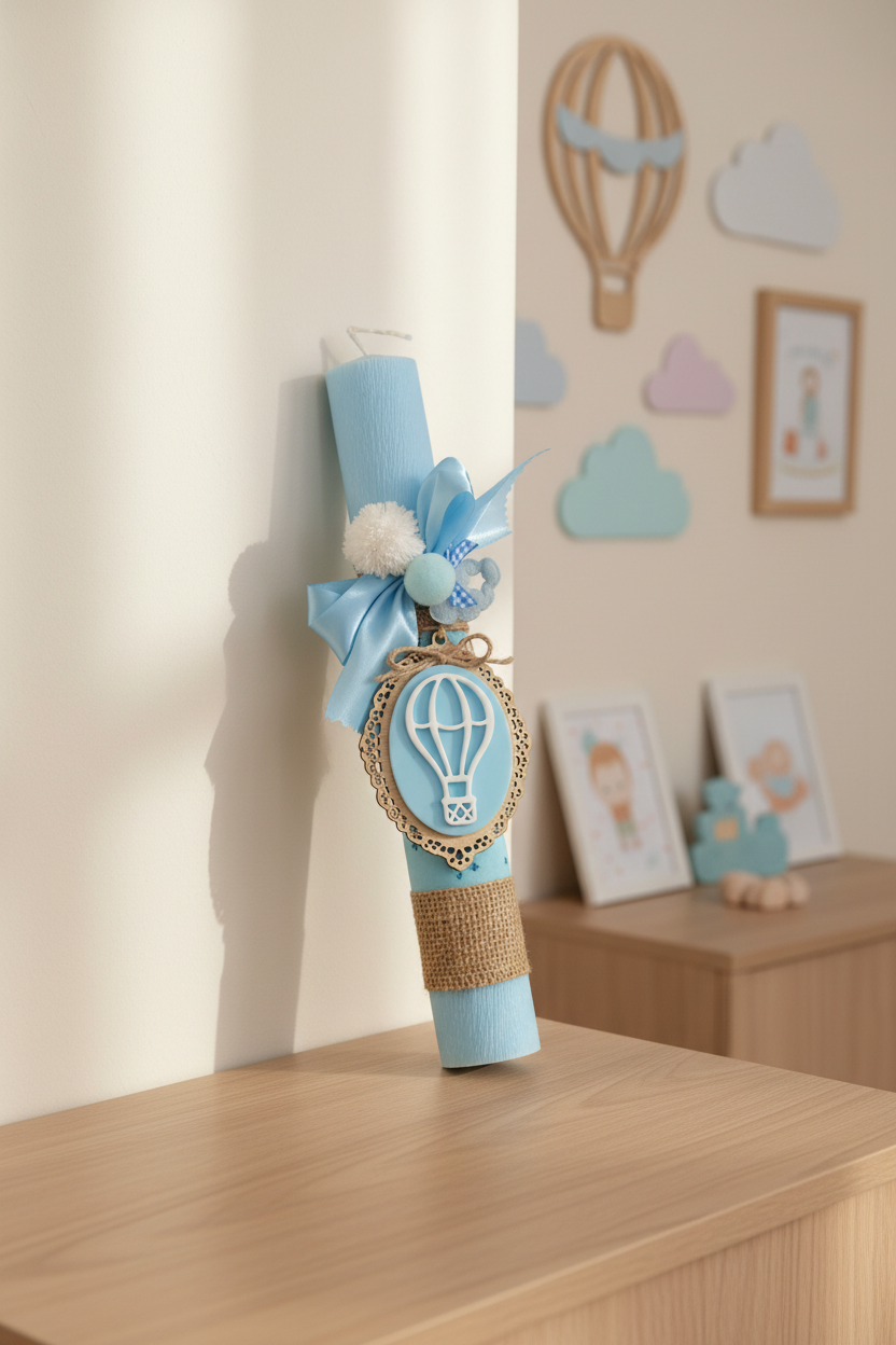 Χειροποίητη πασχαλινή λαμπάδα baby blue με αερόστατο, ύφασμα με print και ξύλινο διακοσμητικό So Cute by Dimi