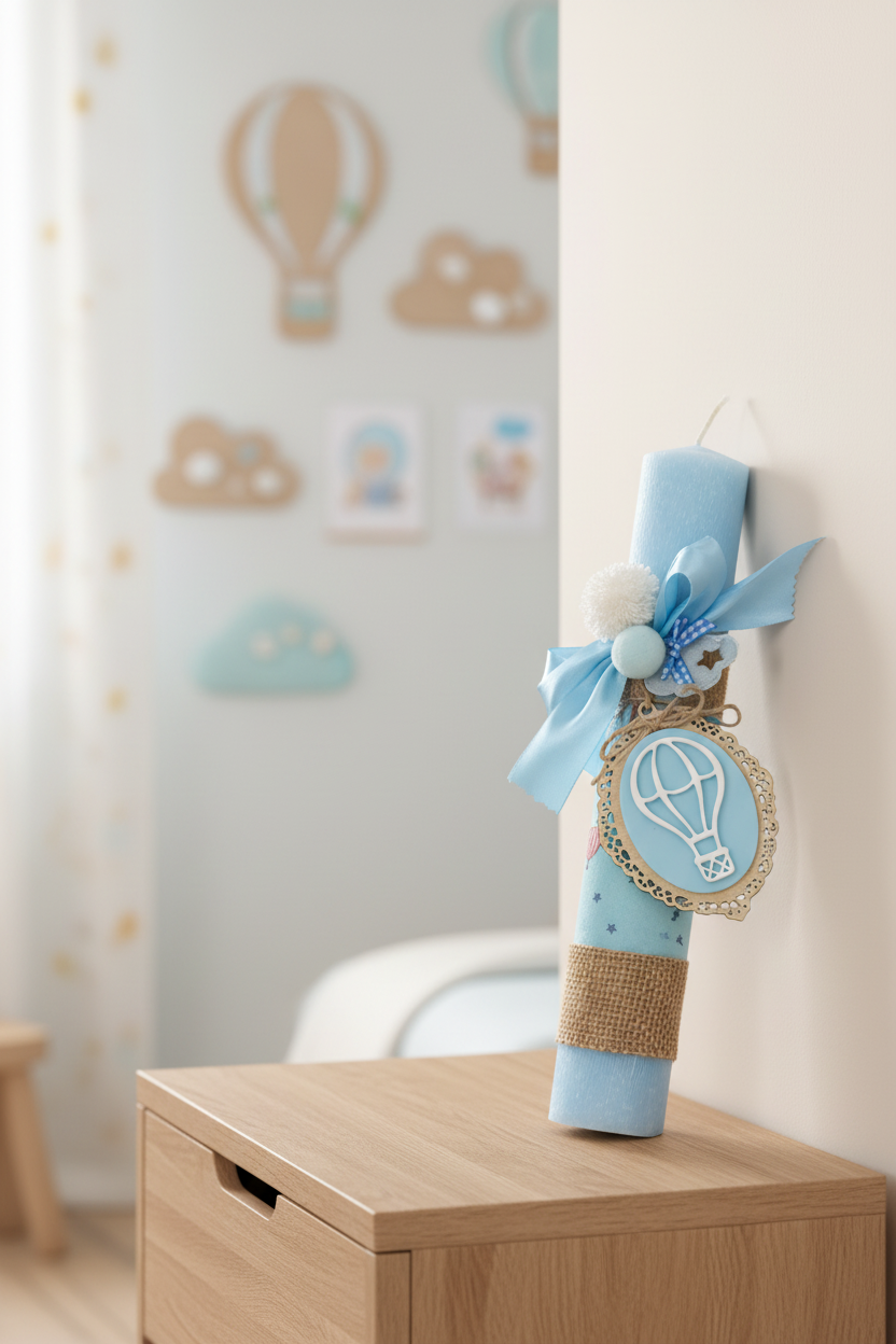 Χειροποίητη πασχαλινή λαμπάδα baby blue με αερόστατο, ύφασμα με print και ξύλινο διακοσμητικό So Cute by Dimi