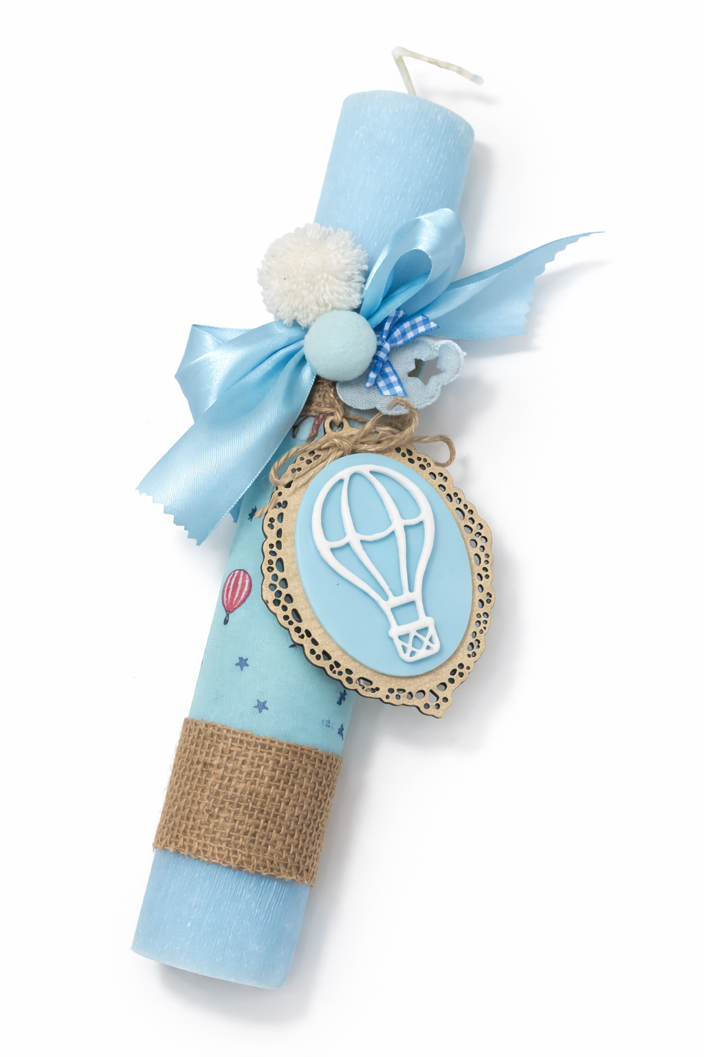 Χειροποίητη πασχαλινή λαμπάδα baby blue με αερόστατο, ύφασμα με print και ξύλινο διακοσμητικό So Cute by Dimi