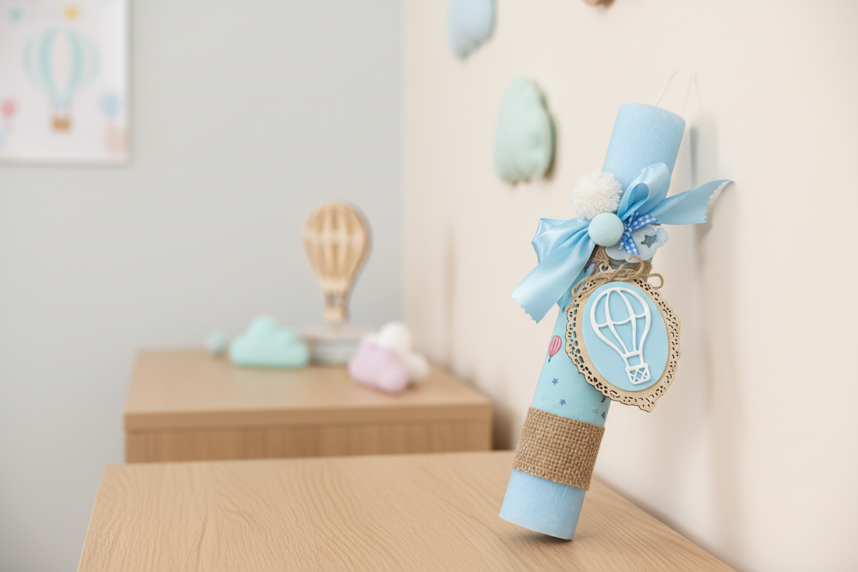 Χειροποίητη πασχαλινή λαμπάδα baby blue με αερόστατο, ύφασμα με print και ξύλινο διακοσμητικό So Cute by Dimi