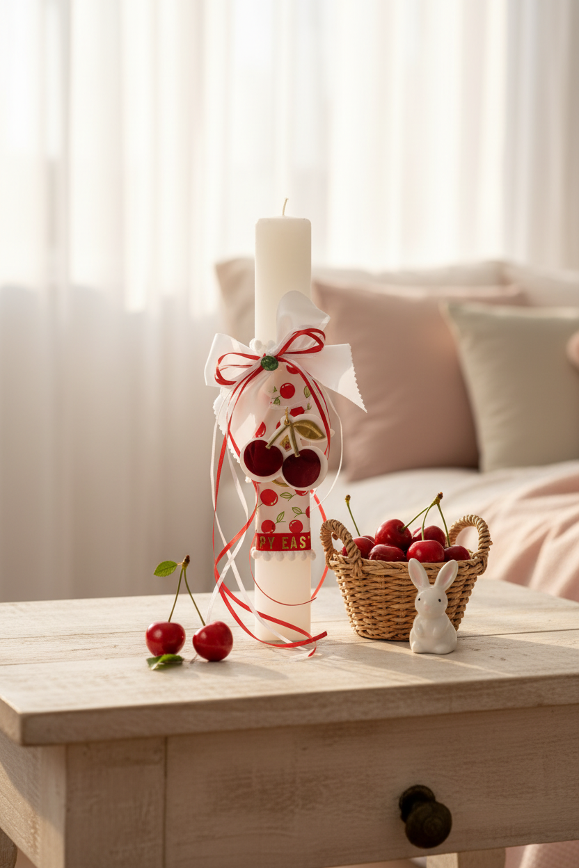 Χειροποίητη πασχαλινή λαμπάδα με cherry print σατέν ύφασμα, σατέν φιόγκους, πράσινο κρύσταλλο και μπρελόκ κεράσι από πλεξιγκλάς. So Cute by Dimi