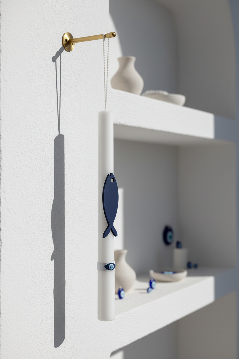 Πασχαλινή λαμπάδα Blue Cycladic με navy πλεξιγκλάς ψαράκι και κορδέλα με print μάτια 4-506-0626 So Cute by Dimi.
