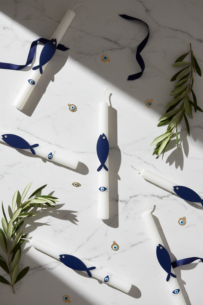 Πασχαλινή λαμπάδα Blue Cycladic με navy πλεξιγκλάς ψαράκι και κορδέλα με print μάτια 4-506-0626 So Cute by Dimi.