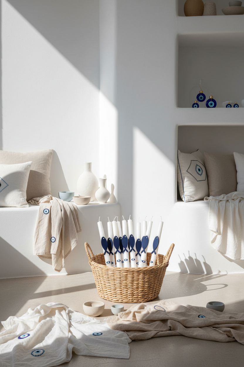 Πασχαλινή λαμπάδα Blue Cycladic με navy πλεξιγκλάς ψαράκι και κορδέλα με print μάτια 4-506-0626 So Cute by Dimi.