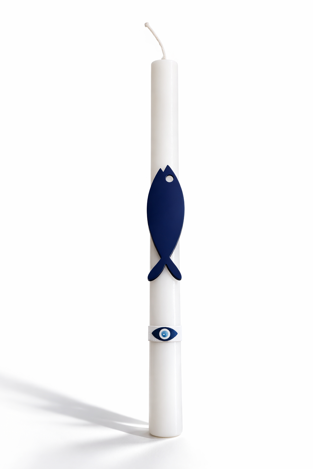 Πασχαλινή λαμπάδα Blue Cycladic με navy πλεξιγκλάς ψαράκι και κορδέλα με print μάτια 4-506-0626 So Cute by Dimi.