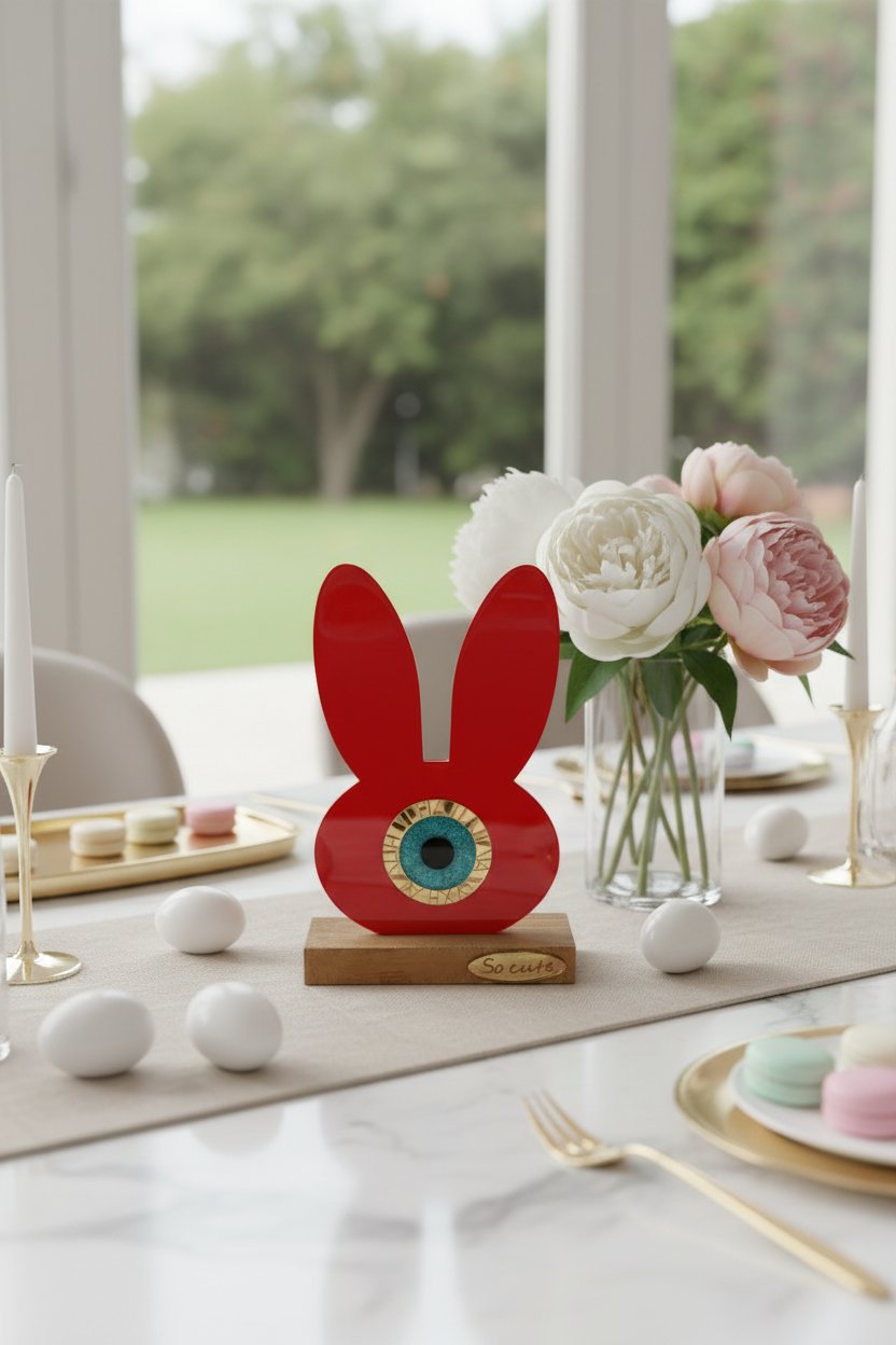 Red bunny figurine with a gold nose on a table with Easter decorations