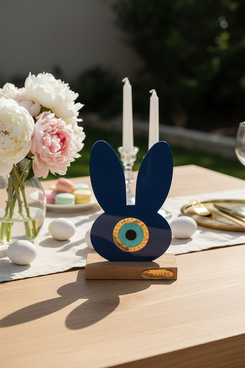 Decorative blue bunny figurine with a gold eye on a wooden base, placed on a table with flowers and candles.
