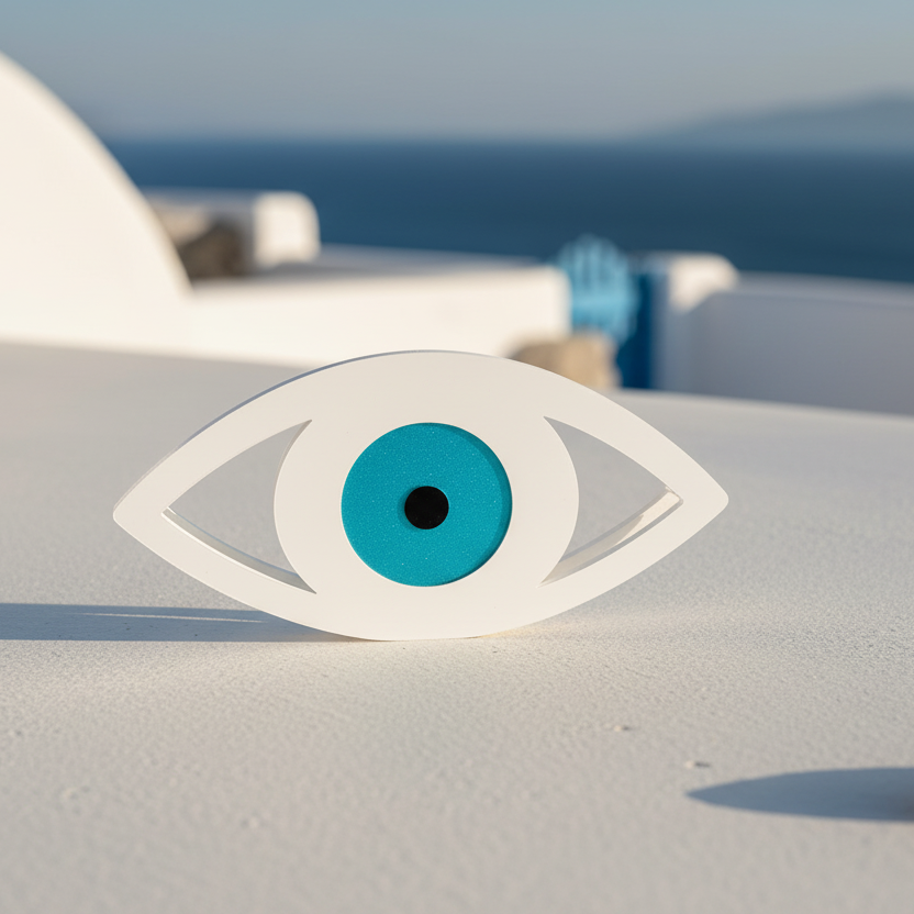 Επιτραπέζιο διακοσμητικό μάτι AURA EYE από γυαλιστερό λευκό πλεξιγκλάς με τυρκουάζ glitter και μαύρο κέντρο – So Cute by Dimi