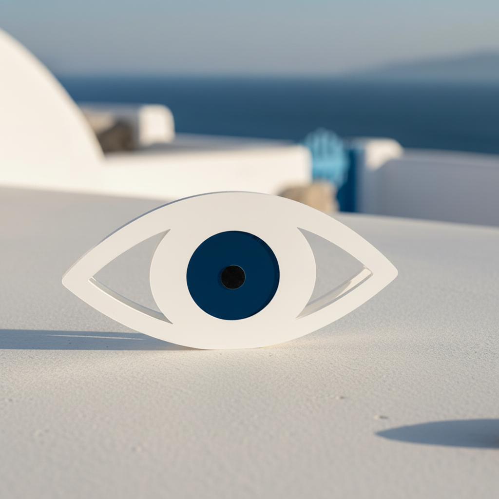 Decorative eye-shaped object with a blue center on a white surface with ocean and blue sky in the background