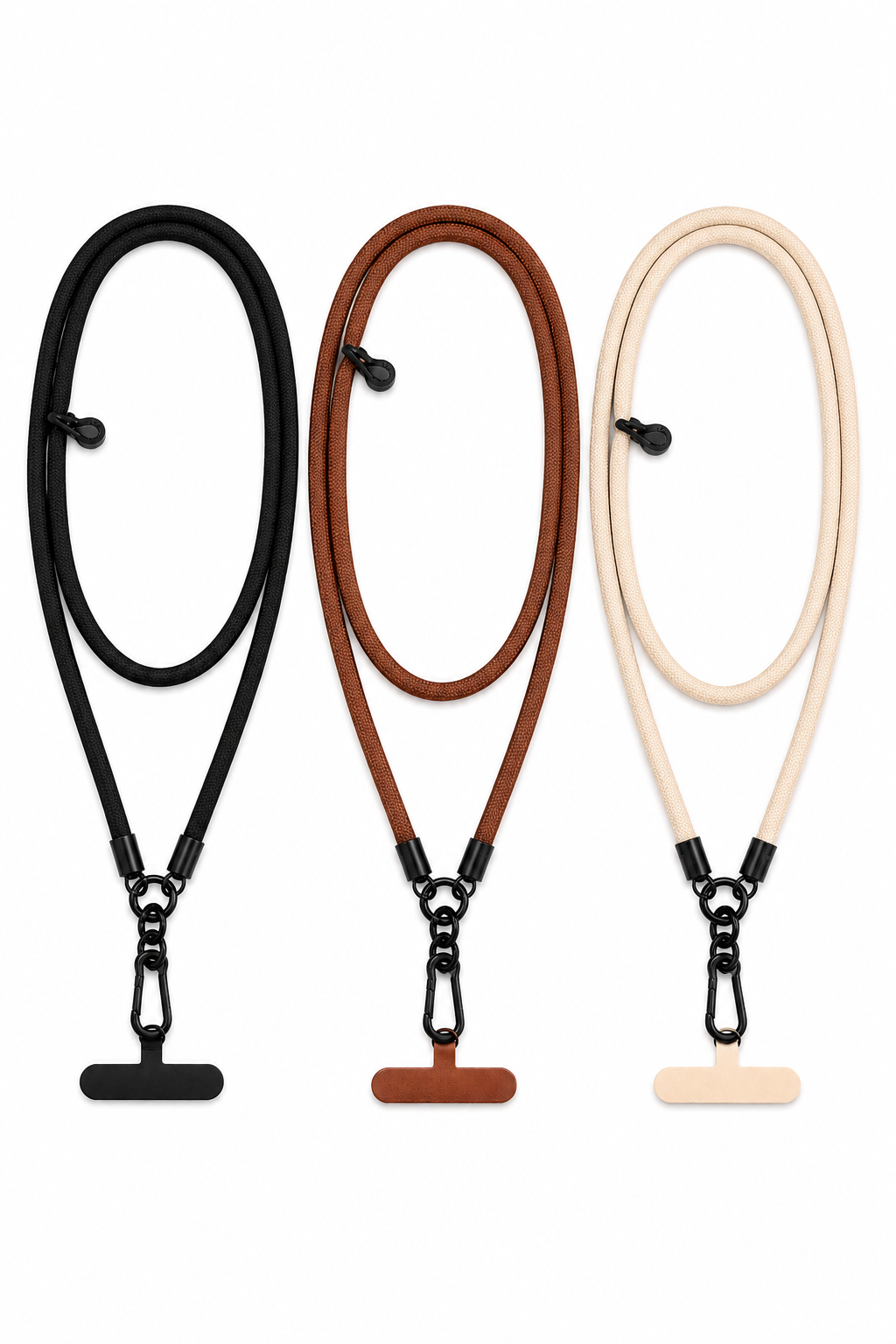 Minimal braided κορδόνι κινητού crossbody 120 εκ σε μαύρο, καφέ και ivory με μαύρες μεταλλικές λεπτομέρειες σε λευκό φόντο.