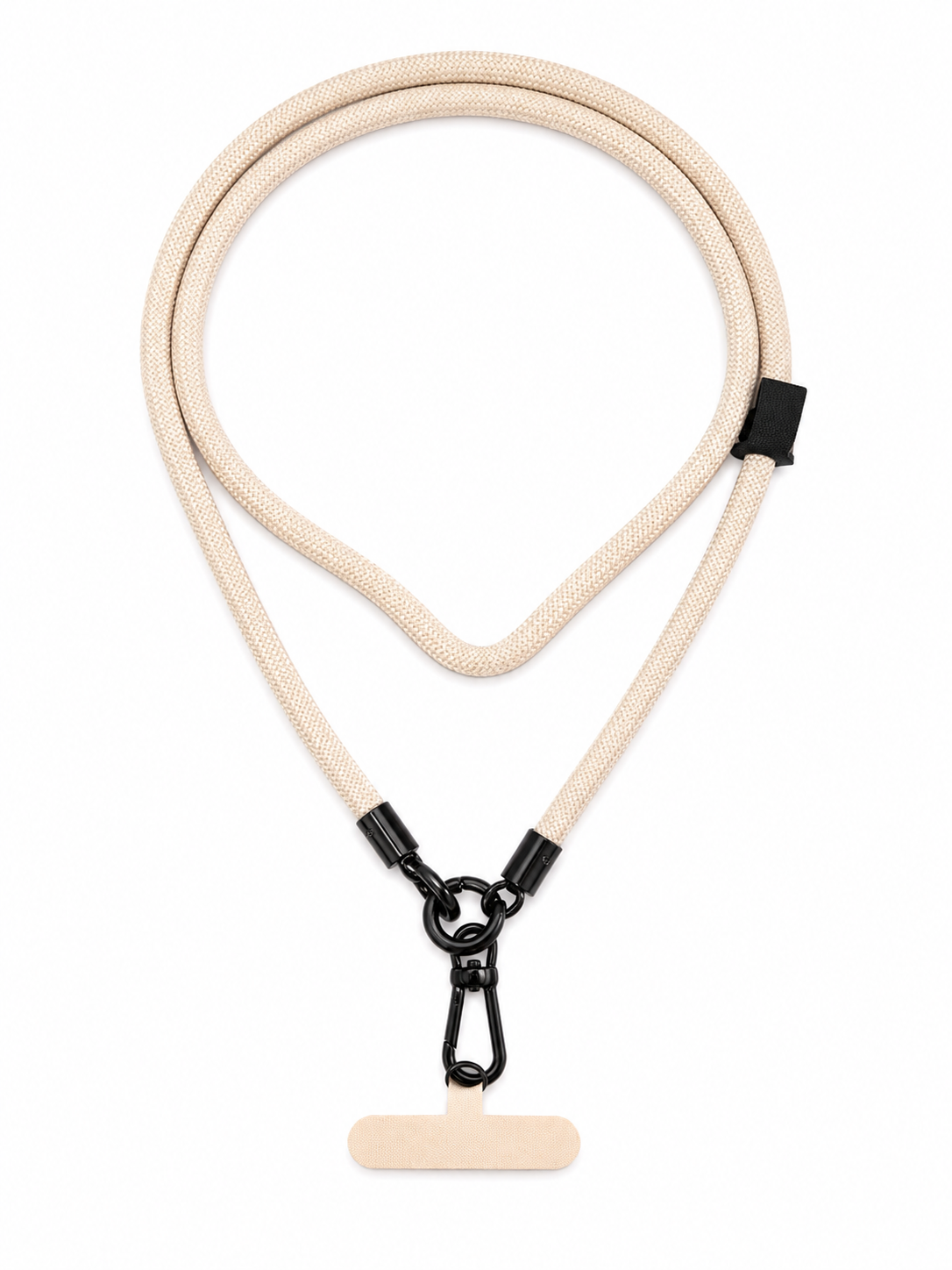 Minimal braided κορδόνι κινητού crossbody 120 εκ σε ivory με μαύρες μεταλλικές λεπτομέρειες σε λευκό φόντο.