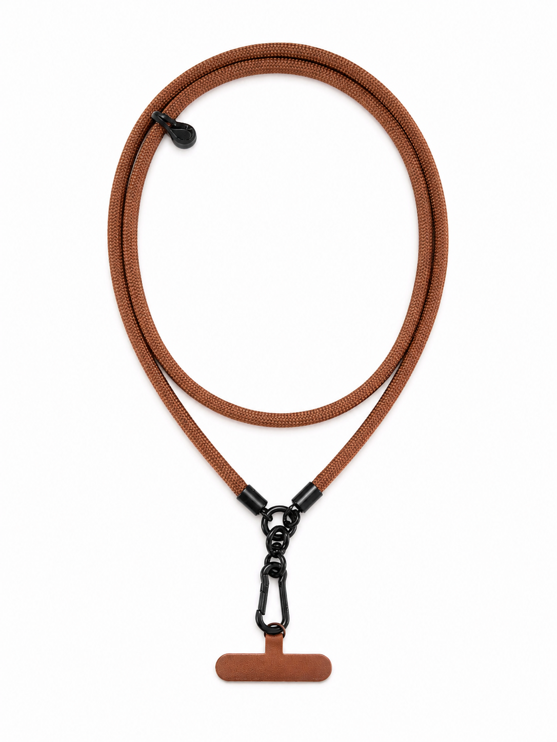 Minimal braided κορδόνι κινητού crossbody 120 εκ σε καφέ με μαύρες μεταλλικές λεπτομέρειες σε λευκό φόντο.