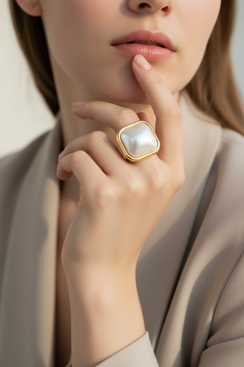 Close-up of a hand wearing a gold ring with a pearl on a neutral background