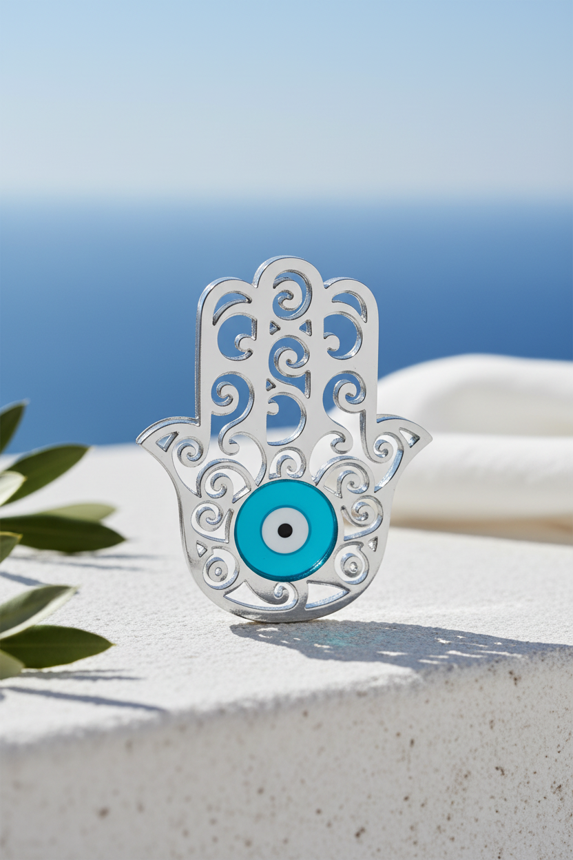 Decorative Hamsa hand with a blue eye on a white surface with a blue sky background
