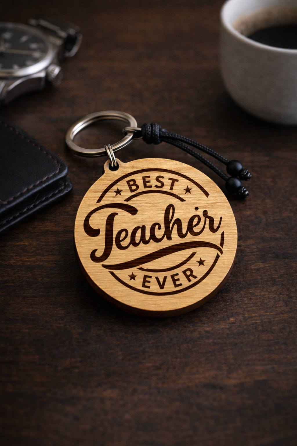 Ξύλινο μπρελόκ Best Teacher Ever με χάραξη σε φυσικό ξύλο, με μαύρο κορδόνι και μεταλλικό κρίκο, δώρο για δάσκαλο