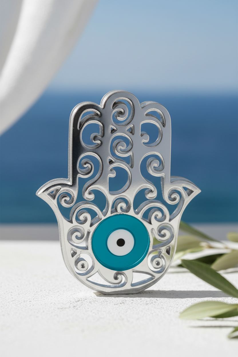 Silver Hamsa hand with turquoise eye against a blurred natural background