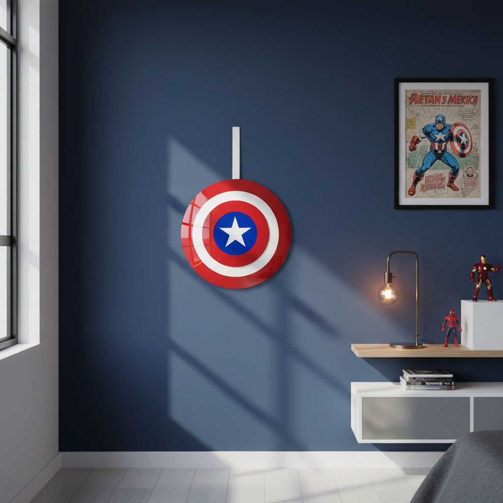 Κρεμαστό καδράκι Captain America Shield από κόκκινο-μπλε πλεξιγκλάς, διάμετρος 25 εκ., σαν διακοσμητικό τοίχου.
