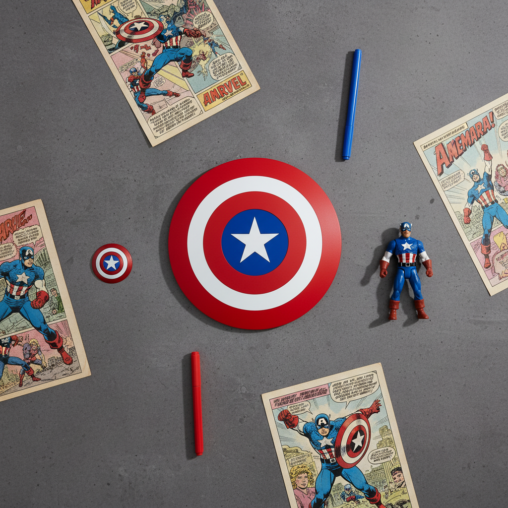 Κρεμαστό καδράκι Captain America Shield από κόκκινο-μπλε πλεξιγκλάς, διάμετρος 25 εκ., σαν διακοσμητικό τοίχου.
