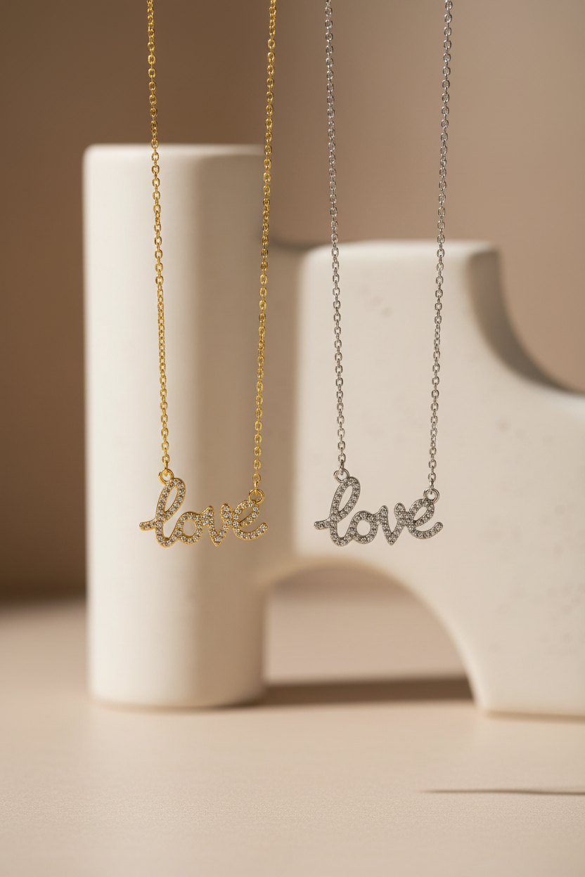 Love script necklace από ανοξείδωτο ατσάλι με κρυσταλλάκια σε χρυσό και ασημί So Cute by DImi