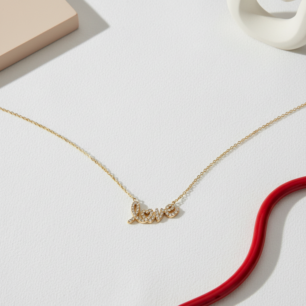 Love script necklace από ανοξείδωτο ατσάλι με κρυσταλλάκια σε χρυσό So Cute by Dimi