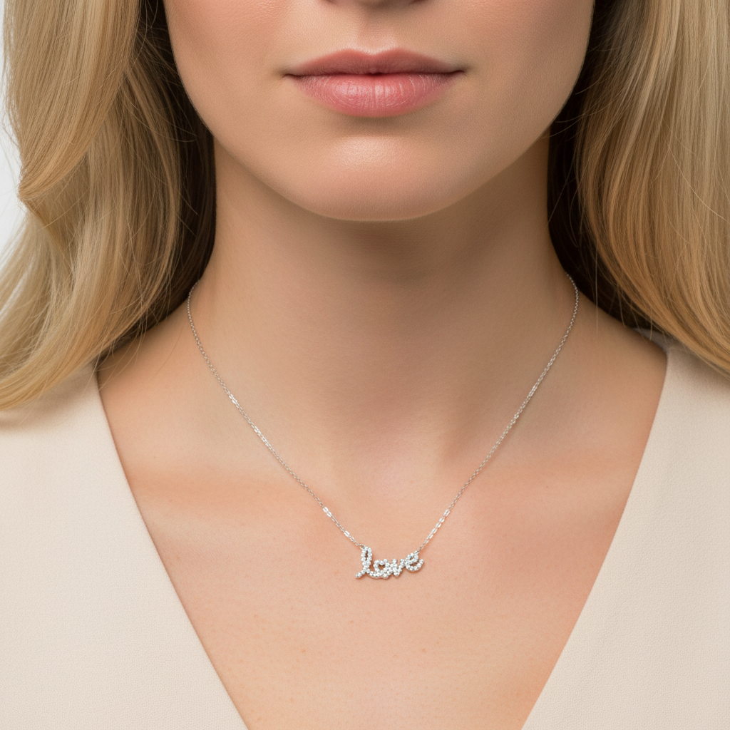 Love script necklace από ανοξείδωτο ατσάλι με κρυσταλλάκια σε ασημί So Cute by Dimi