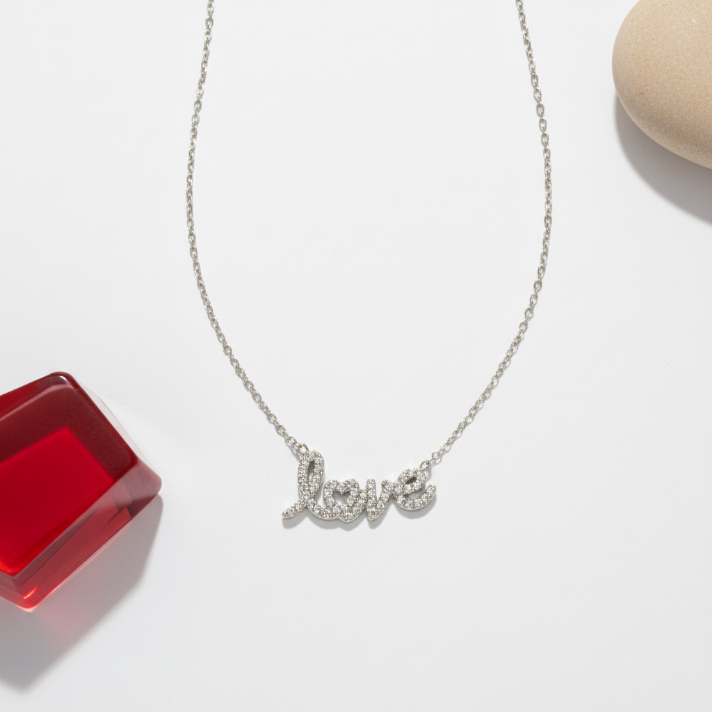 Love script necklace από ανοξείδωτο ατσάλι με κρυσταλλάκια σε ασημί So Cute by Dimi