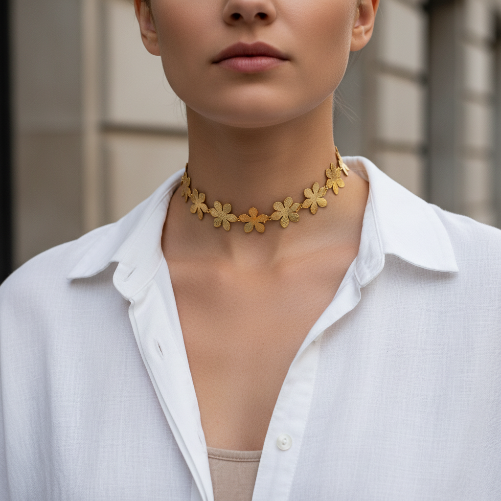 Floral chain choker από ανοξείδωτο ατσάλι με λουλούδια
