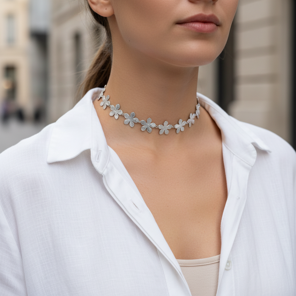 Floral chain choker από ανοξείδωτο ατσάλι με λουλούδια