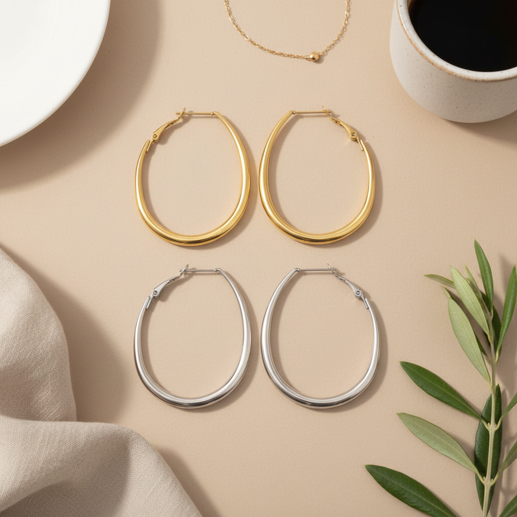 Sleek Oval Hoops 6 cm λεπτά elongated oval σκουλαρίκια κρίκοι από ανοξείδωτο ατσάλι σε χρυσό και ασημί