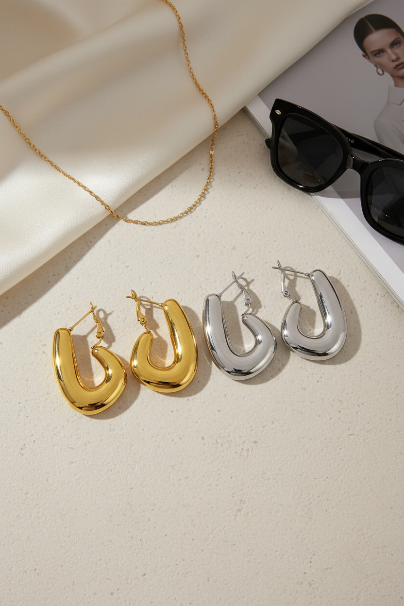 Gold and silver hoop earrings on a light surface with sunglasses in the background.