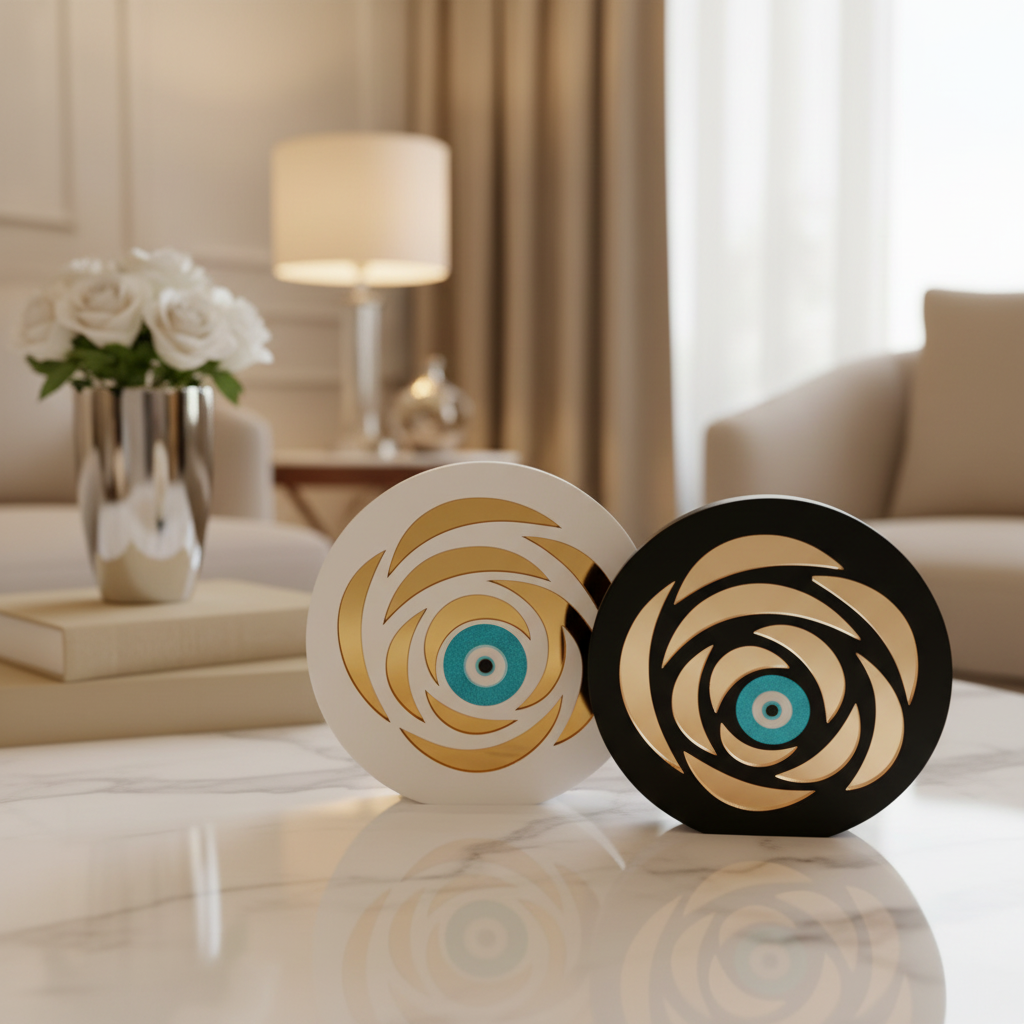 Petal Eye γούρι, επιτραπέζιο χειροποίητο plexiglass με μάτι & χρυσά πέταλα σε μαύρο ή λευκό – So Cute by Dimi