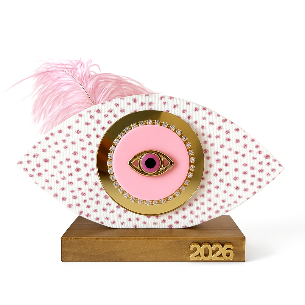 Handmade pink oval wooden gouri Merry & Pink with tulle, glitter dots, gold mirror 2026 motif and feather – So Cute by Dimi